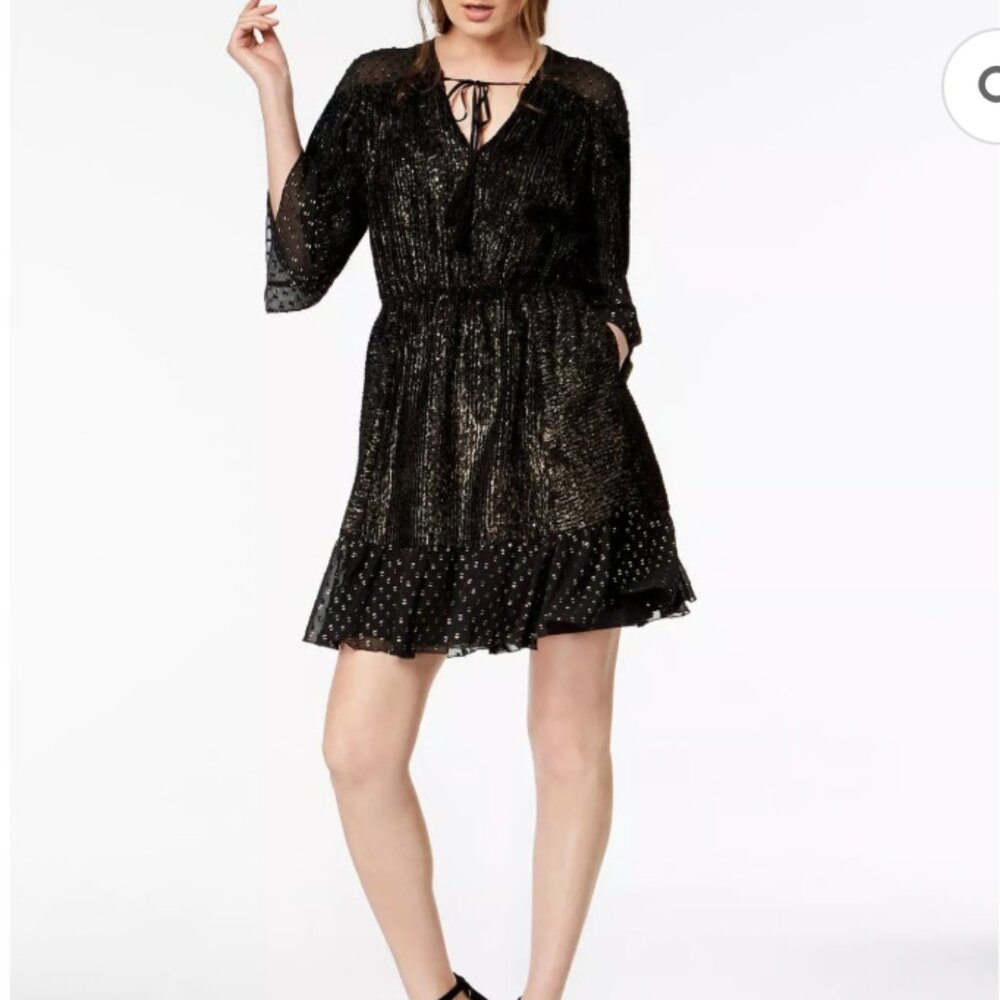 RACHEL ZOE Kaya Black/Gold 3/4 Sleeve V-Neck A-Line Dress Size 8